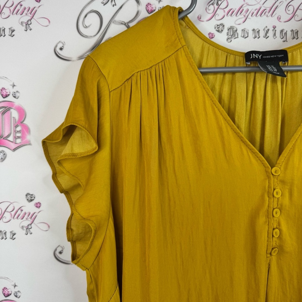Jones New York tshirt button up ruffle sleeves pleated Mustard Blouse - Picture 6 of 8